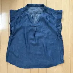 デニム風シャツ　フレンチスリーブ　Ｌ　柔らか素材　フリル　シャツ　デニム風