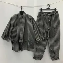 新品★メンズ★Mサイズ★ヒッコリー柄 作務衣 さむえ 上下セット 灰色4661