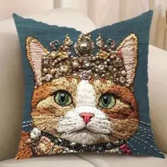 新品 クッションカバー 刺繍風 プリント 猫 ねこ 動物 リアル かわいい 王冠