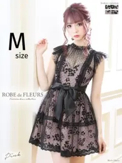 フラワーフロッキーブラックレースフレアミニドレス M ピンク