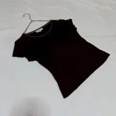 KN0007【ポールスチュアート】カットソー Tシャツ【M】ビジュー ブラック