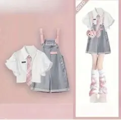 デニムオーバーオール フリル付きシャツ