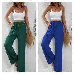 SHEIN LUNE ワイドレッグパンツブルー＆グリーン2点セット