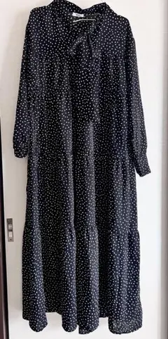 ドット柄長袖ロングシャツワンピース