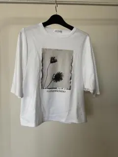 ホワイト 花プリント 五分袖Tシャツ