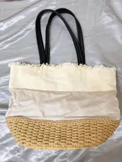 カゴバッグ　レディースベージュ　シャンパンゴールド大容量トートバッグ　ポケット