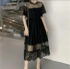 総レース 半袖 ロング ワンピース ブラック 黒 結婚式 二次会 パーティー