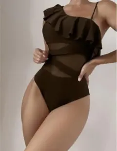 ダークブラウン フリル付きワンピース水着