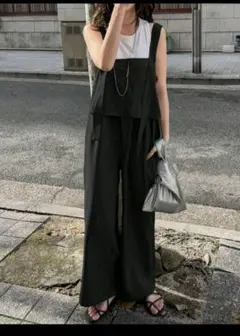 シーインSHEINブラック サロペット ワイドレッグブラック