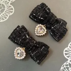 パールハート❶♡ツイードミニリボン　黒　ヘアクリップ 量産型　地雷　ゴスロリ