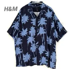 ◇H&M◇ネイビーブルー パームツリー 柄 半袖 アロハ シャツ ゆったり Ｌ