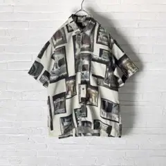 アートデザイン　総柄　半袖シャツ　柄シャツ　ヴィンテージ　古着　Mサイズ