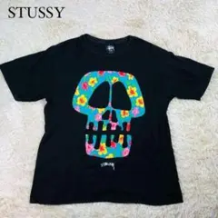 【人気✨】STUSSY スカル 花柄 半袖Tシャツ ブラック ブルー