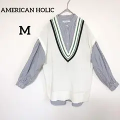 アメリカンホリック　ニットベスト＆ストライプシャツ セット M