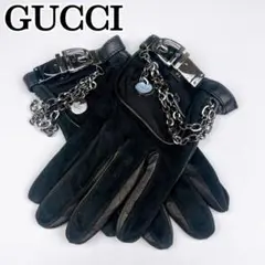 極美品 GUCCI グッチ 手袋 グローブ ラムレザー ブラック チェーン 羊革