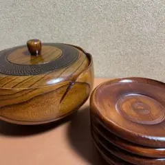 ⌘ 蓋付菓子入 くりぬき 木製 茶托 コースター