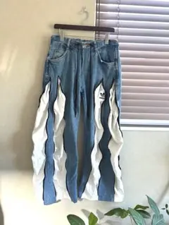 リメイク　4ジップ　トラックパンツ　デニム　ボトムス　ユニセックスパンツ