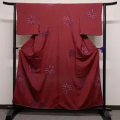 抽象花模様　ワインレッド　花模様　小紋　着物　081t
