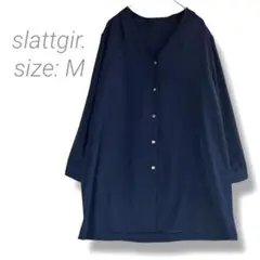 【slattgril】Vネック長袖ロングカーディガン M 紺色 羽織り 金ボタン