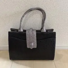【美品】新品未使用　オーストリッチ　本革　ハンドバッグ ブラック×グレー