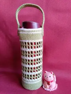 ハンドメイド　アップルグリーンと白の爽やかなボトルホルダー ☆ハンドル付☆85