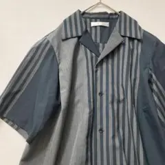 【美品】エトセンス ストライプ切替 L相当 オープンカラーシャツ 半袖 グレー系
