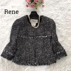 美品☆Rene ツイードジャケット ノーカラー 新タグ ネイビー 白 36 S