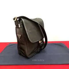 極 美品 カード付き プラダ ロゴ金具 レザー ナイロン ショルダーバッグ
