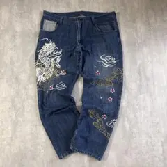 Z109【3XL】【昇龍】極太 VOMANIE 刺繍デニムパンツ 和柄 桜