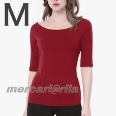 【Allegra K 】レディース無地Tシャツ レッド M 五分袖 トップス