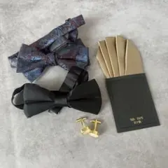 【美品】メンズフォーマル4点セット蝶ネクタイ×2ポケットチーフカフスボタン結婚式