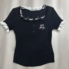 黒 レース付き 半袖Tシャツ