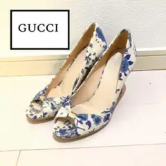 GUCCI◆グッチ フラワー 花柄 バックロゴ コルク ウェッジソール パンプス