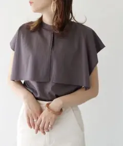 シルケットビックカラースリットケープデザインブラウスTシャツ