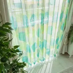北欧　水玉　ボタニカル　青と緑のドット柄レースカーテン　片開き