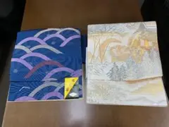 洗える作り帯(ポリエステル)白地に風景柄 紺地に青海葉柄 着物 合計2点