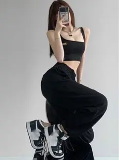 ブラック 黒 ジョガーパンツ ゴムウエスト付き