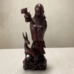 木製 老人と鹿の彫刻 仙人　神様　約28cm 木彫り