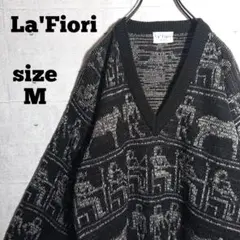 【日本製】壁画柄 デザイン ニット Vネック セーター 黒 M 個性的 ゆるだぼ