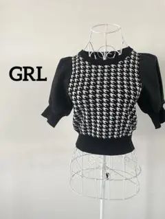 【GRL】ショート丈トップス　異素材MIX　千鳥柄　M