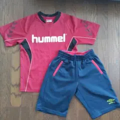 キッズ　hummel 赤 シャツ・umbroショートパンツセット