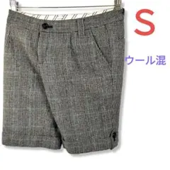 グレンチェック柄ウール混ショートパンツ★レディースSグレー系洗える