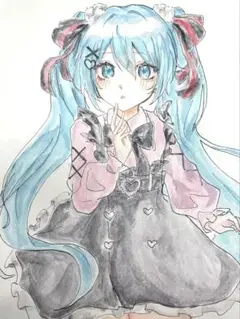 20×27.5 初音ミク 手書きイラスト 原画 水彩 ファンアート