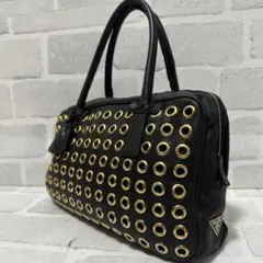 希少 プラダ リングスタッズ ハンドバッグ 三角ロゴ 鍵付き レザー　ブラック