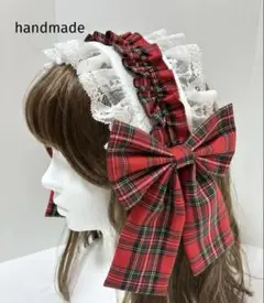 ヘッドドレス 赤タータンチェック×白レース[ハンドメイド]