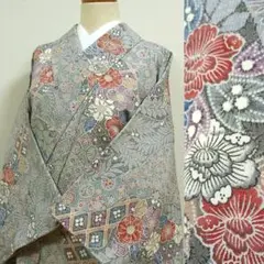灰色に雪化粧草花 京友禅小紋