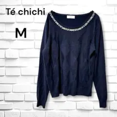 【美品】テチチ◆ニットセーター(M) アーガイル　パール装飾　ネイビー　オフィス