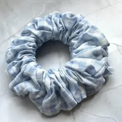 ⑨おまとめ割！＊手作り＊チェックシュシュ　アクア