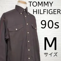 90s トミーヒルフィガー シャツ M 赤ステッチ 刺繍ロゴ ヴィンテージ