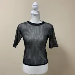 最終お値下げ【新品】ブラック 透け感 リブ編み シアーニット5分袖プルオーバー